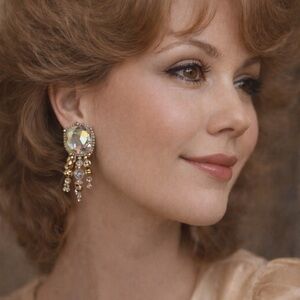 (B20) Chipita AB Crystal Beaded Fringe Chandelier Earrings Gold Tone